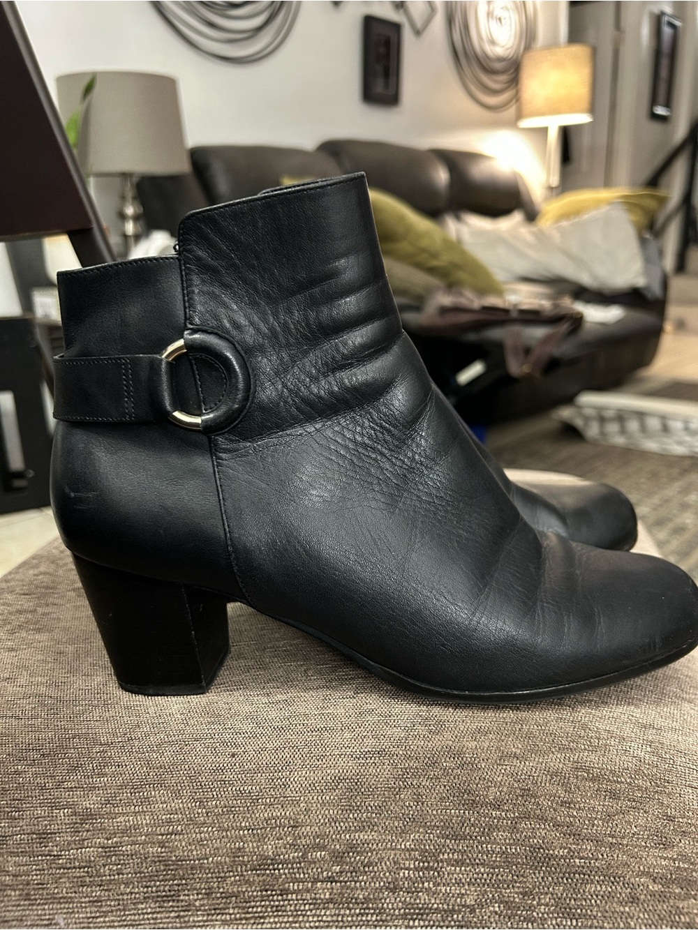 Cole Haan Cassidy Black Leather Ankle Boots with Ring Accent - Women's